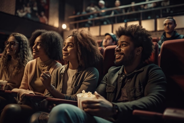 Foto grupo de jovens assistindo filme e comendo pipoca enquanto está sentado no cinema foco seletivo generative ai