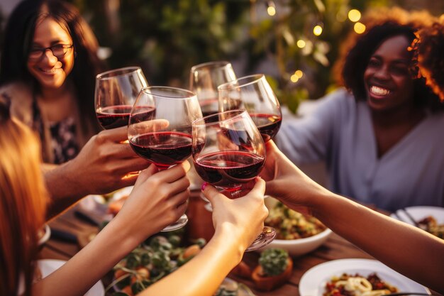 Grupo de jovens brindando com vinho tinto na festa no telhado AI Generated