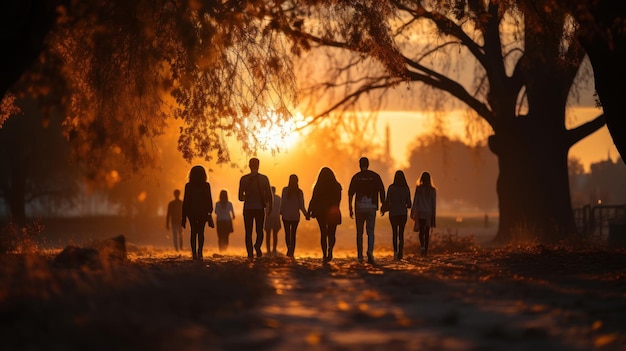 Grupo de jovens de costas caminhando no parque ao pôr do sol Foco seletivo IA generativa