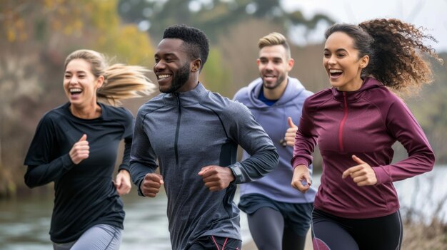 Foto grupo de jovens desportivos a correr ao ar livre