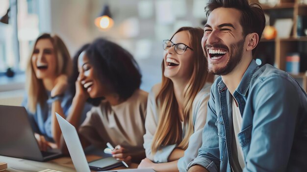 Grupo de jovens diversos a rir e a divertir-se enquanto trabalham juntos num projecto num espaço de escritório criativo