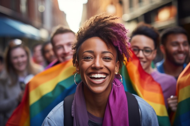 Grupo de jovens diversos ativistas lgbtq segurando a bandeira do arco-íris do orgulho lgbtq