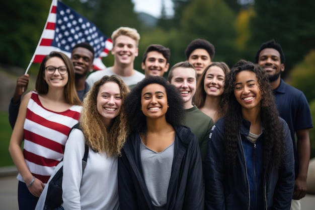 Foto grupo de jovens diversos com bandeira americana foco seletivo foto de grupo de feliz, alegre, diversa faculdade multirracial gerada por ia