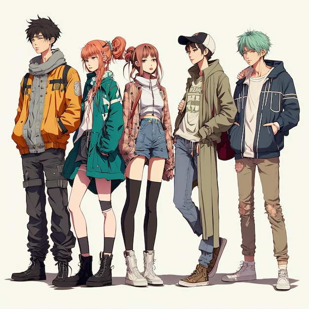 Grupo de jovens em mangá estilo anime meninas e meninos Generative AI