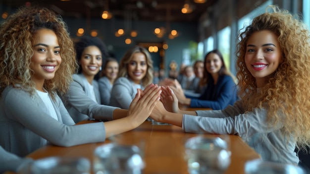 Foto grupo de jovens empresárias multiétnicas aplaudindo em reunião no escritório