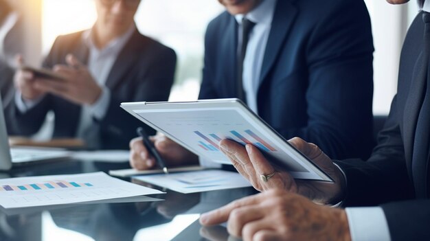 Foto grupo de jovens empresários a trabalhar juntos e a discutir um projecto de negócio num escritório moderno vista de perto de um empresário a usar um tablet digital e um portátil