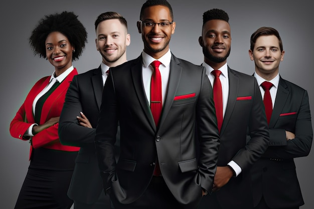 Grupo de jovens empresários afro-americanos em ternos pretos e gravata vermelha