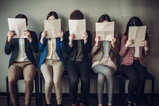 Grupo de jovens empresários cobrindo o rosto com papéis enquanto aguardam a entrevista de emprego Jovens escondendo o rosto atrás do papel do currículo AI Generated