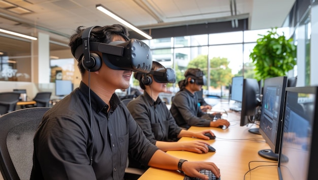 Grupo de jovens empresários usando óculos de realidade virtual em um escritório moderno