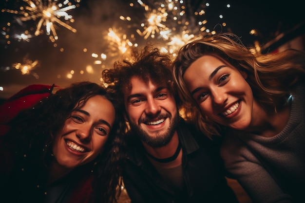 Foto grupo de jovens felizes celebrando na festa de ano novo amizades de adolescentes se divertindo na festa noturna juntos ia geradora