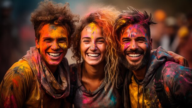 Foto grupo de jovens felizes celebrando o festival holi