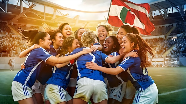 Foto grupo de jovens jogadoras de futebol celebrando a vitória