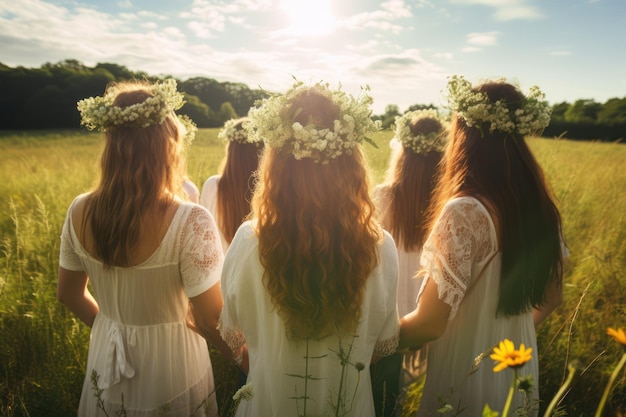 Grupo de jovens mulheres bonitas em coroa de flores em um prado ensolarado Coroa floral símbolo do solstício de verão bruxa verde