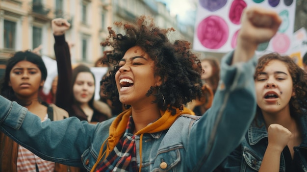 Grupo de jovens mulheres de várias nacionalidades demonstrando pela liberdade