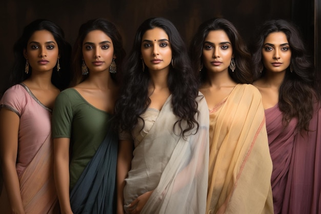 Grupo de jovens mulheres indianas em saree tradicional e juntos