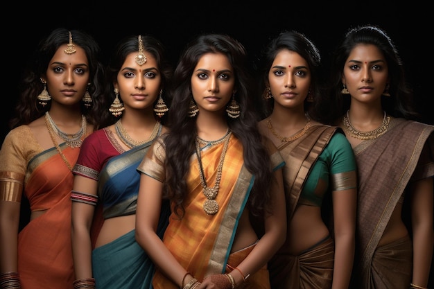 Grupo de jovens mulheres indianas em saree tradicional e juntos