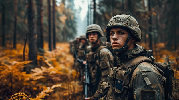 Grupo de jovens soldados em uniforme militar de pé em uma floresta