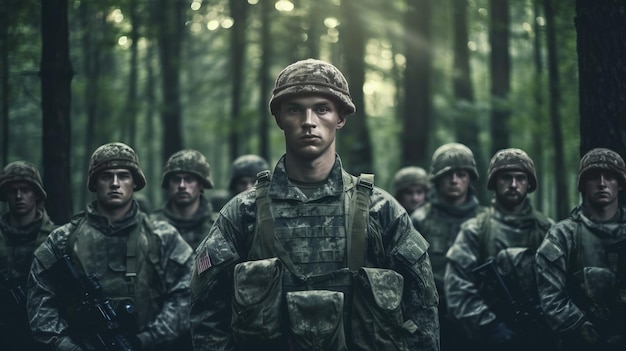 Grupo de jovens soldados em uniforme militar parados em uma floresta