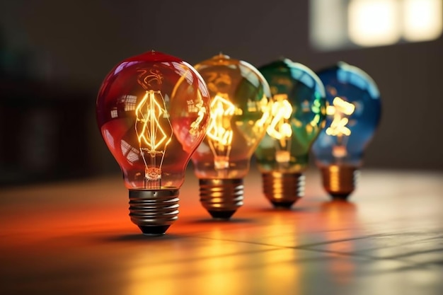 Foto grupo de lâmpadas brilhantes coloridas dispostas em linha