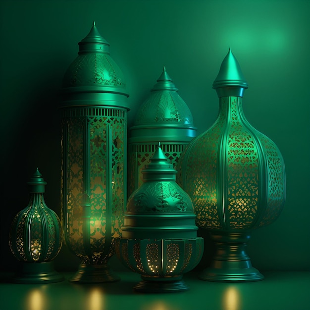 Grupo de lanternas árabes no fundo esmeralda AI gerado