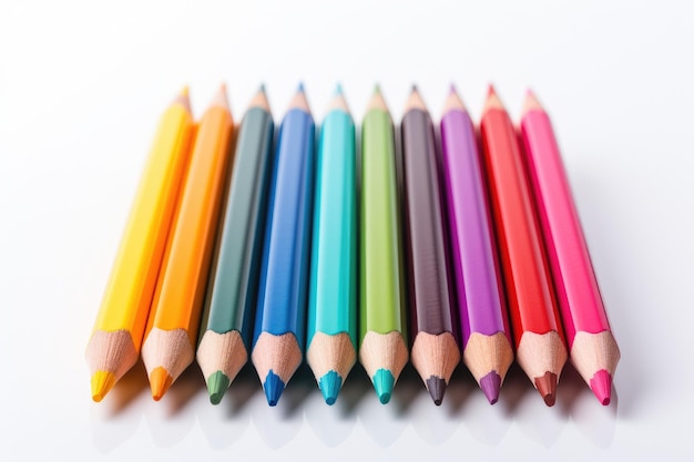 Grupo de lápis coloridos alinhados em uma fileira Um grupo de lápis de cores, cada um exibindo uma cor vibrante diferente, está cuidadosamente alinhado em uma fila em uma superfície plana