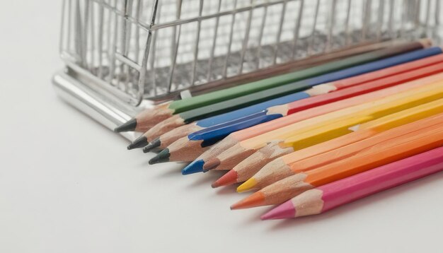 Grupo de lápis multicoloridos em caderno de cheques branco em uma gaiola