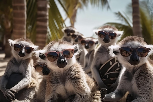 Grupo de lêmures balançando em palmeiras usando elegantes óculos de sol festa na praia IA generativa