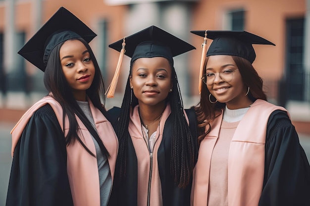 Grupo de linda jovem negra americana usando um boné de formatura Estude o conceito de pós-graduação em educação Ilustração generativa de IA