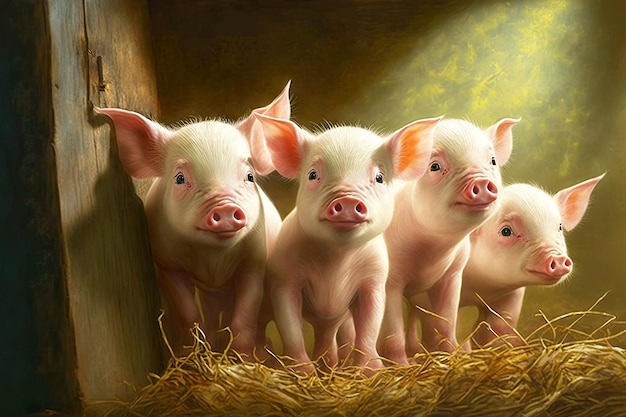Grupo de lindos leitões-de-rosa no chiqueiro no feno na fazenda de porcos