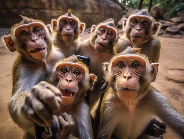 Grupo de Macacos Tirando uma Selfie Foto Engraçada Gerada por IA