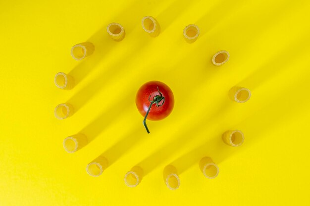 Foto grupo de macaroni rigati frescos alinhados em círculo com um tomate no meio em fundo amarelo