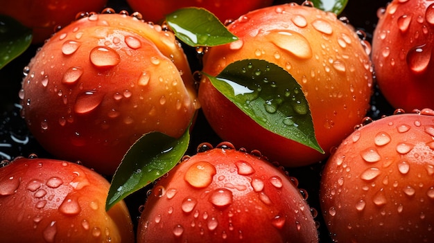 Grupo de maçãs vermelhas com folhas verdes e gotas de água IA generativa