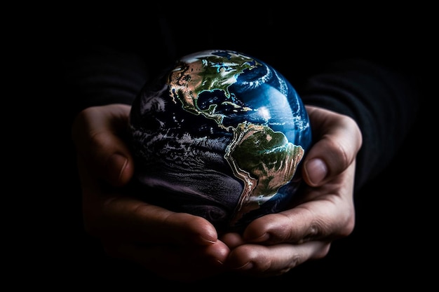 Grupo de mãos segurando o globo terrestre sobre fundo azul Conceito do dia internacional da solidariedade humana w