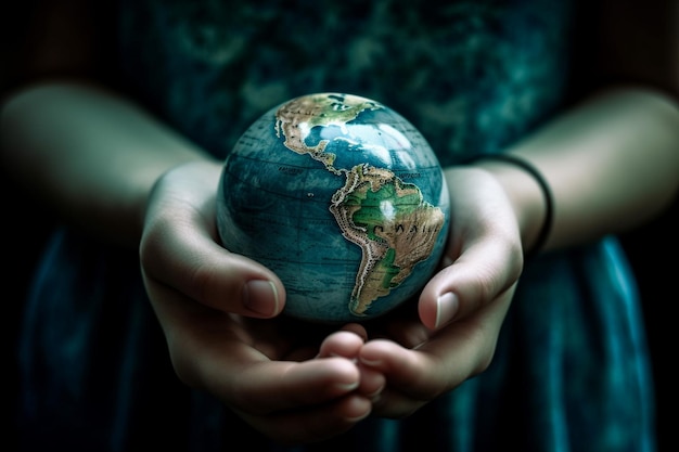 Grupo de mãos segurando o globo terrestre sobre fundo azul Conceito internacional de dia de solidariedade humana w