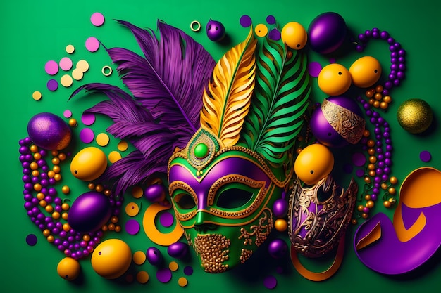 Grupo de máscara veneziana de mardi gras ou disfarce em um fundo colorido e brilhante Arte gerada pela rede neural