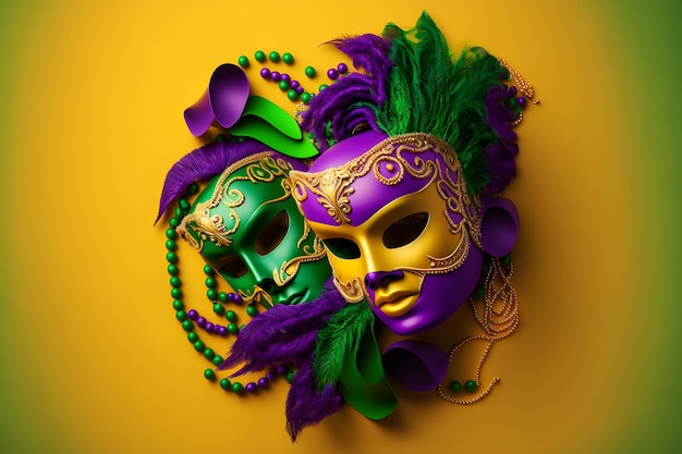 Grupo de máscara veneziana de mardi gras ou disfarce em um fundo colorido e brilhante Arte gerada pela rede neural