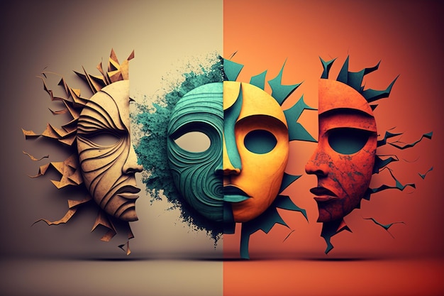 Grupo de máscaras com diferentes emoções em um fundo colorido