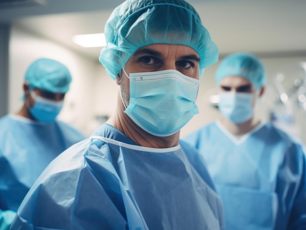 Grupo de médicos em uma sala de cirurgia cirurgiões fecham fotografia