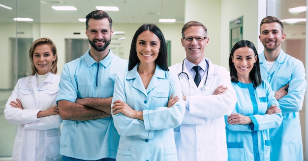 Grupo de médicos modernos bem-sucedidos e confiantes posando e olhando para a câmera no corredor do hospital