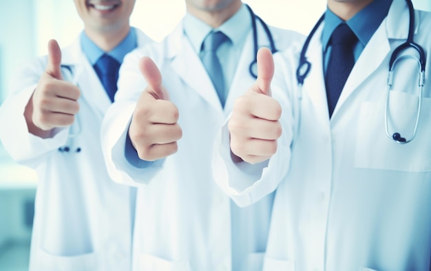 Grupo de médicos mostrando sinal ok ou aprovação com polegar para cima serviço médico de alto nível e qualidade
