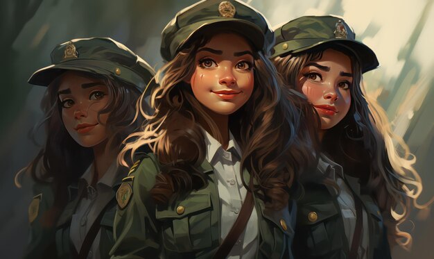 Grupo de meninas em uniforme militar