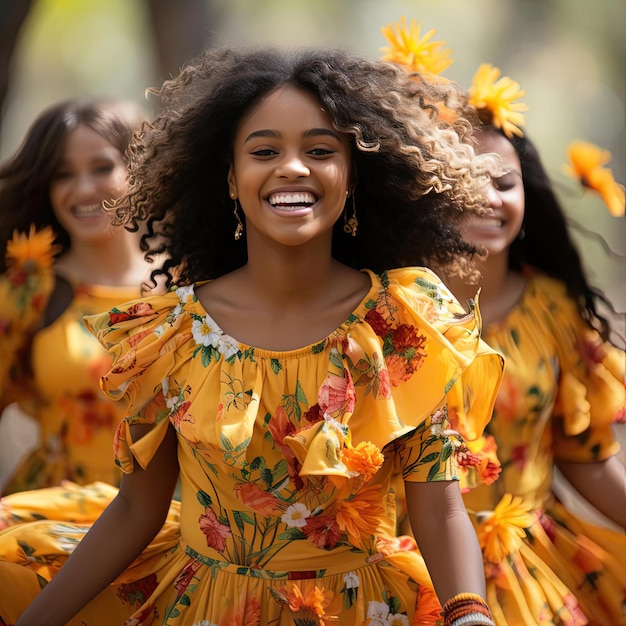 Grupo de meninas em vestidos amarelos dançando e sorrindo