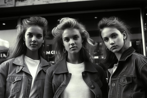 Grupo de meninas modelo elegante posando em roupas elegantes na rua da cidade Moda retrô vintage da década de 1980 Generative AI