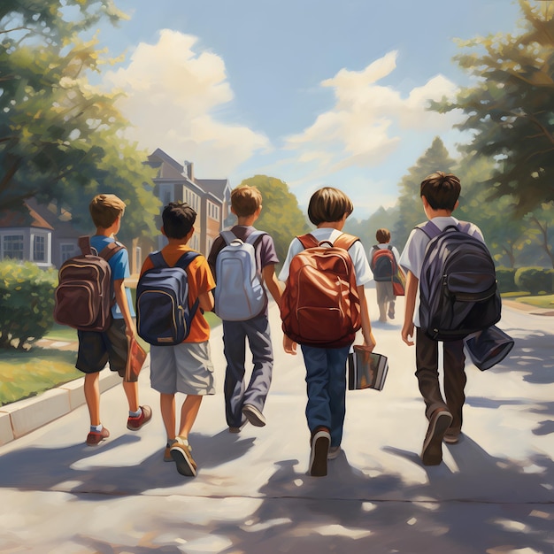 grupo de meninos indo para a escola