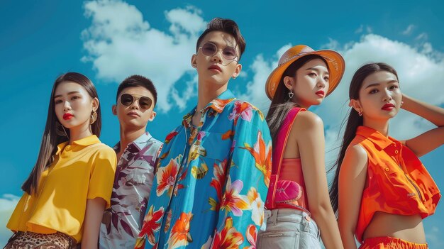 Grupo de modelos de moda asiáticas posando contra nuvens azuis de fundo vestindo roupas de verão AI Genera