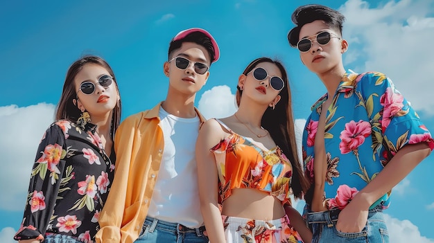 Grupo de modelos de moda asiáticas posando contra nuvens azuis de fundo vestindo roupas de verão AI Genera