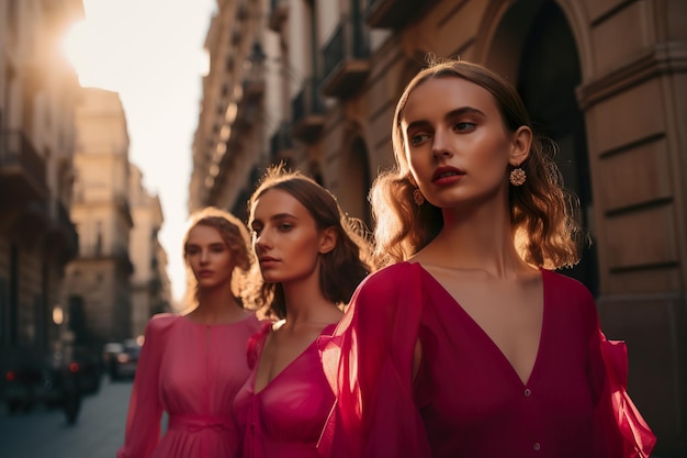 Grupo de modelos femininas vestidas com vestido de cor magenta viva na moda generativo ai