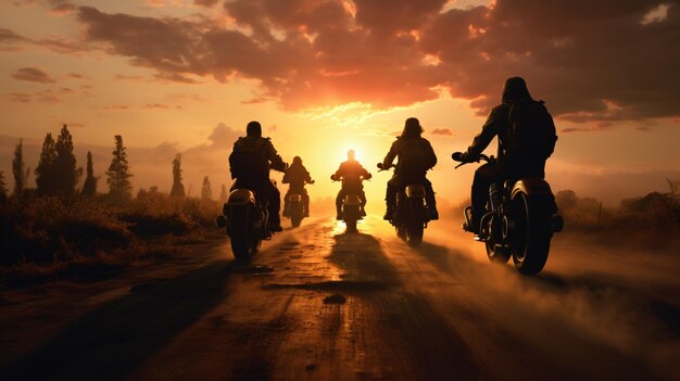 Grupo de motociclistas andando juntos ao pôr do sol