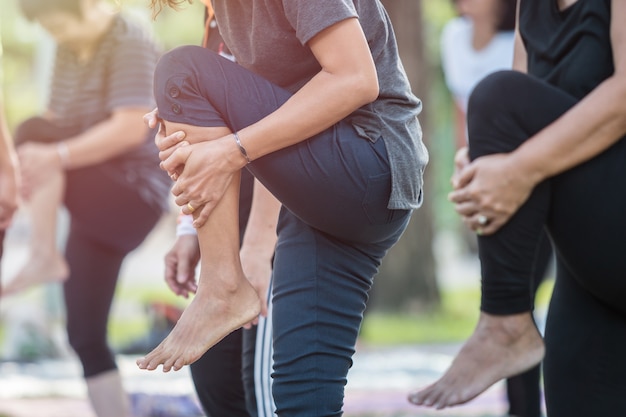 Grupo de mulher asiática fazendo yoga ou exercício no parque