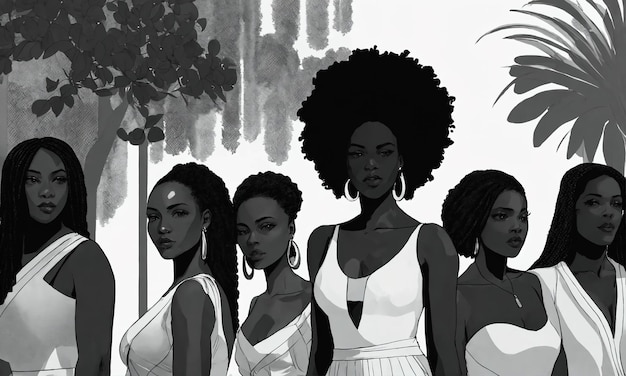 Grupo de mulheres afro-americanas posando em um estúdio de moda